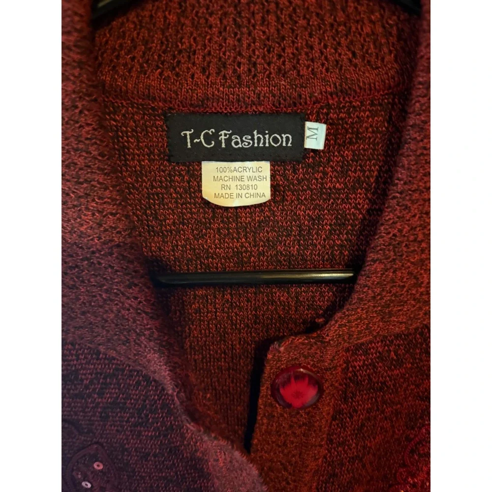 T C Fashion Red Knit Cardigan Sequined Embellished‎ Button Down Pockets Size M